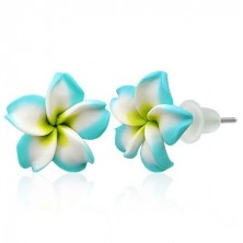 Kis Fimo fülbevaló - türkisz és fehér virág