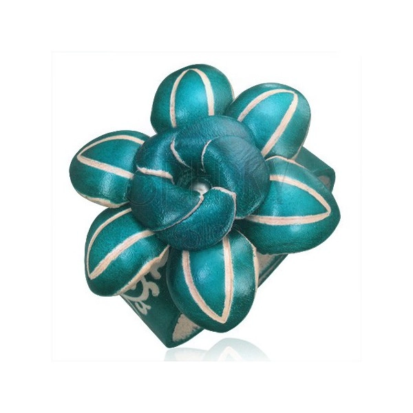 Bőr karkötő - sötétzöld 3D virág díszes vésetekkel