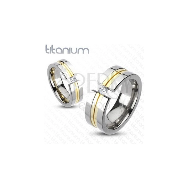 Titánium gyűrű - két arany csík, cirkónia