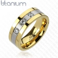 Titánium gyűrű - arany - ezüst, három cirkónia