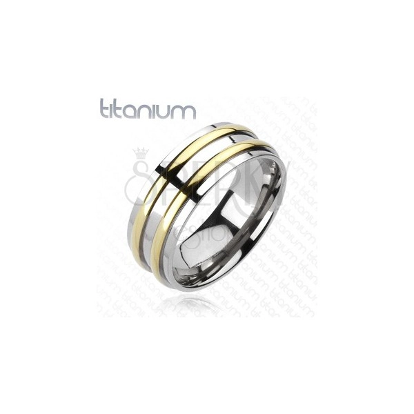 Titánium karikagyűrű - ezüst, két arany sávval