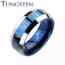 Tungsten gyűrű - kék - ezüst, római számok