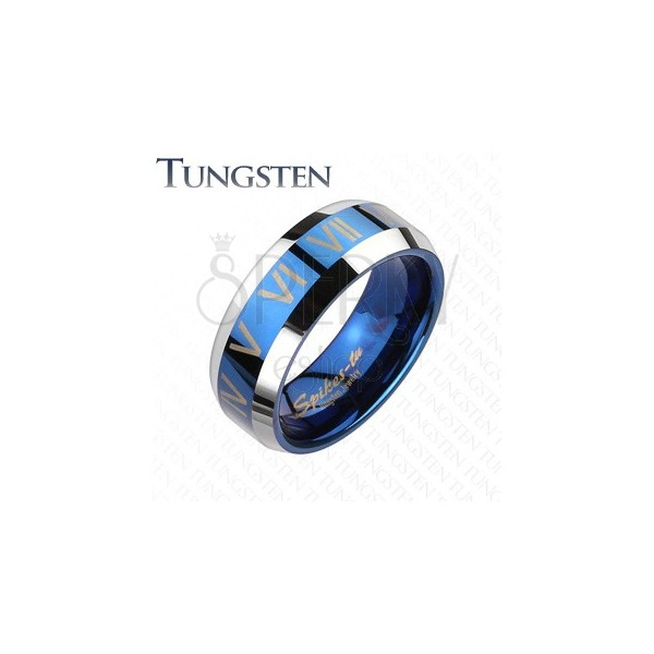 Tungsten gyűrű - kék - ezüst, római számok