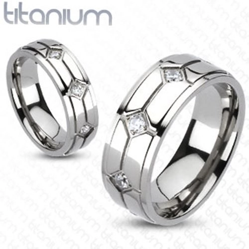 Titánium karikagyűrű - rombuszok, beágyazott cirkóniák - Nagyság: 60