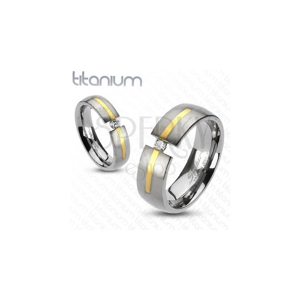 Titánium ezüst gyűrű - arany vonal, cirkónia