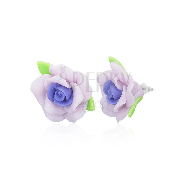 Bedugós FIMO fülbevaló - lila rózsa levelekkel