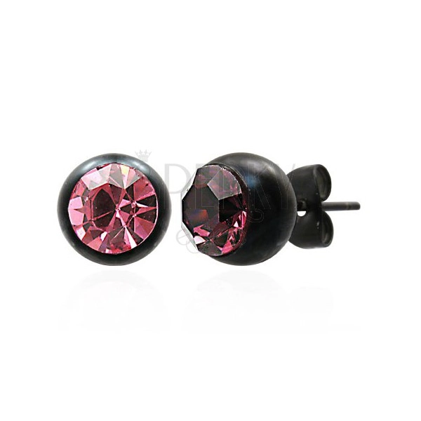 Bedugós acél fülbevaló - fekete golyó és pink kövecske, 8 mm