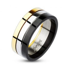 Fényes gyűrű acélból - arany, ezüst és fekete sáv