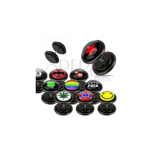Fekete hamis fülpiercing - különböző logók, gumik