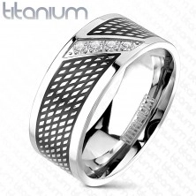Titánium gyűrű, fekete - ezüst szín, cirkóniaköves átlós vonal