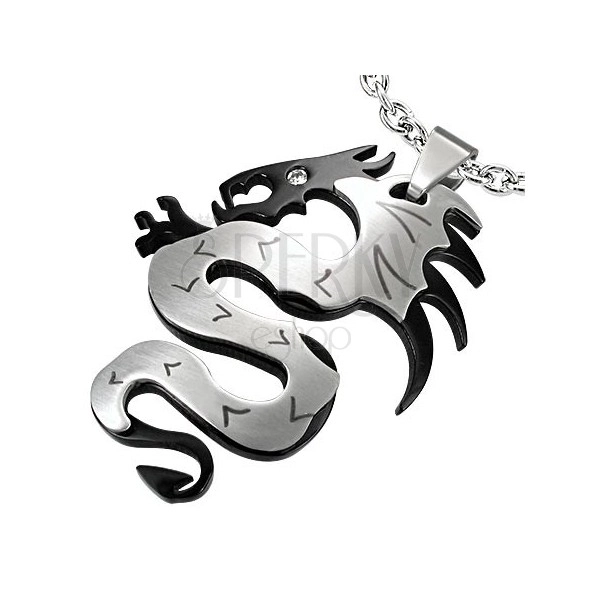 Sebészeti acél medál, kínai sárkány fekete-ezüst színkombinációban