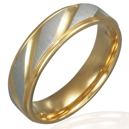 Nemesacél karikagyűrű - arany és ezüst, ferde bemart vonalak - Nagyság: 52