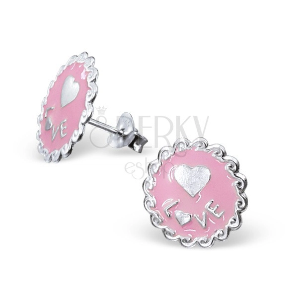 Sterling ezüst 925 fülbevaló - díszes körlap és szív, rózsaszín