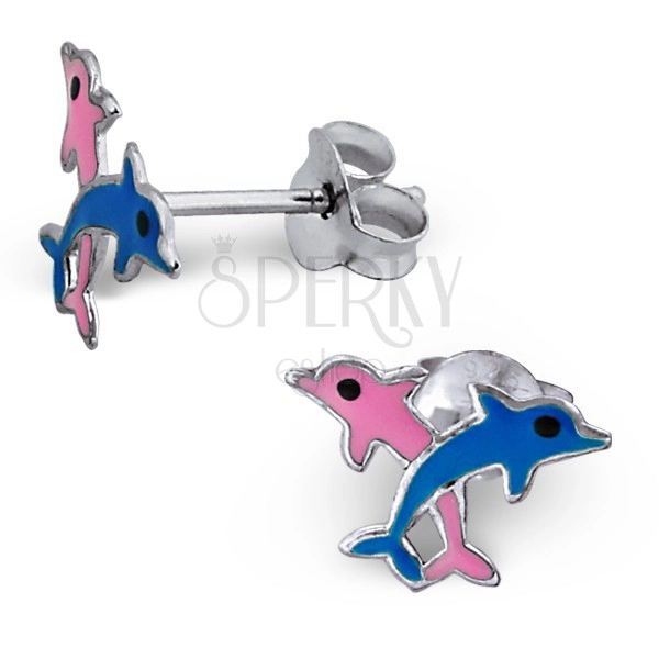 Fülbevaló 925 ezüstből - rózsaszín és kék delfin