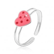 925 ezüst gyűrű - rózsaszín fénymázas szív piros pöttyökkel