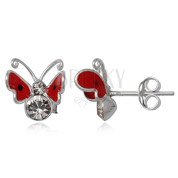 Fülbevaló 925-ös ezüstből - piros pillangó, cirkónia