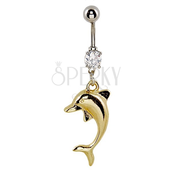 Piercing a köldökbe - arany színű delfin, tiszta cirkónia