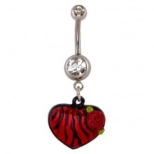 Piercing a köldökbe - szív, fekete és piros zebraminta, rózsa