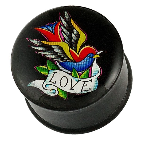 Fültágító dugó - tarka madárka, szalag LOVE felirattal - A piercing vastagsága: 23,5 mm