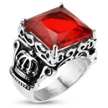 Sebészeti acél gyűrű - királyi korona, piros cirkónia