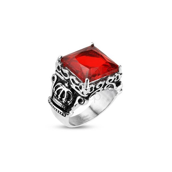Sebészeti acél gyűrű - királyi korona, piros cirkónia