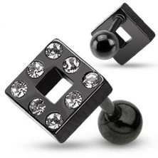 Fülporc piercing - fekete négyzet, beágyazott cirkóniák