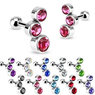 Acél fülporc piercing - három beágyazott szíves cirkónia - A cirkónia színe: Rózsaszín - P