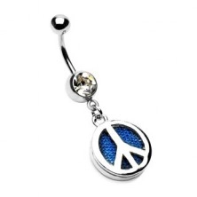 Köldökpiercing - kék farmer, PEACE szimbólum, cirkónia