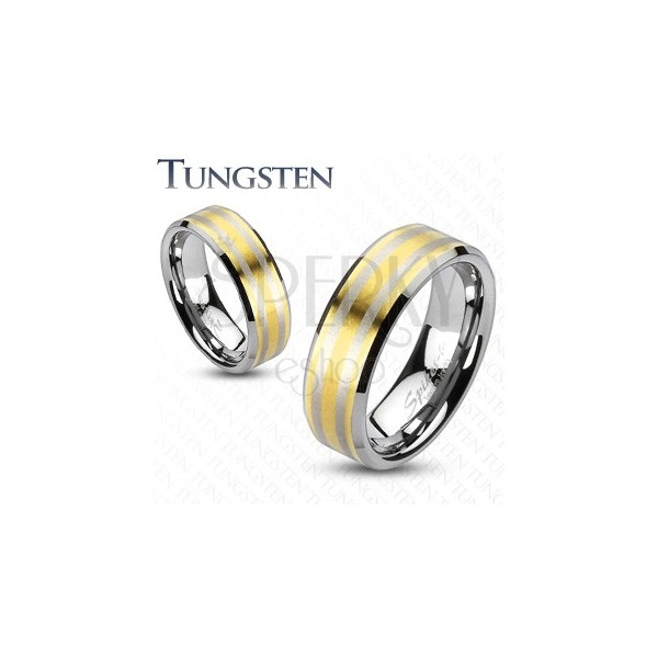 Tungsten karikagyűrű - aranyozott felület, két ezüst színű sáv