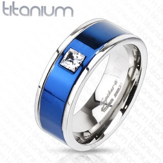 Gyűrű titániumból - kék sáv, négyzet alakú cirkónia - Nagyság: 65