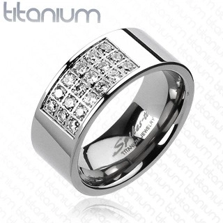 Gyűrű titániumból - téglalap alakú kivágás tiszta cirkóniákkal - Nagyság: 65