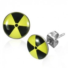 Kerek acél fülbevaló - sárga alapon fekete nukleáris szimbólum