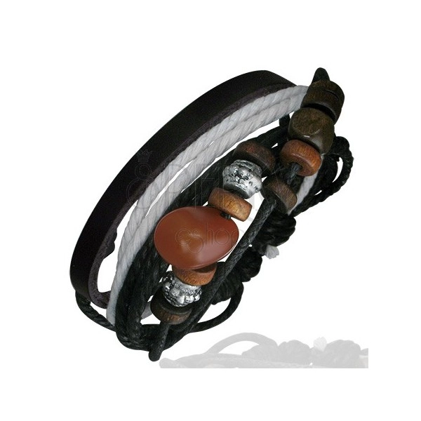 Bőr Karma karkötő gyöngyökkel és fekete - fehér zsinórokkal