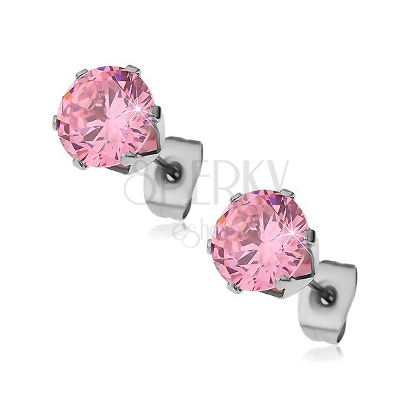 Fülbevaló sebészeti acélból rózsaszín cirkóniával, 6 mm