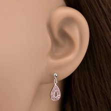925 ezüst fülbevaló - függő könnycsepp rózsaszín kövekkel