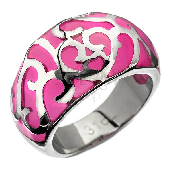 Gyűrű acélból - rózsaszín szívecskés díszítés
