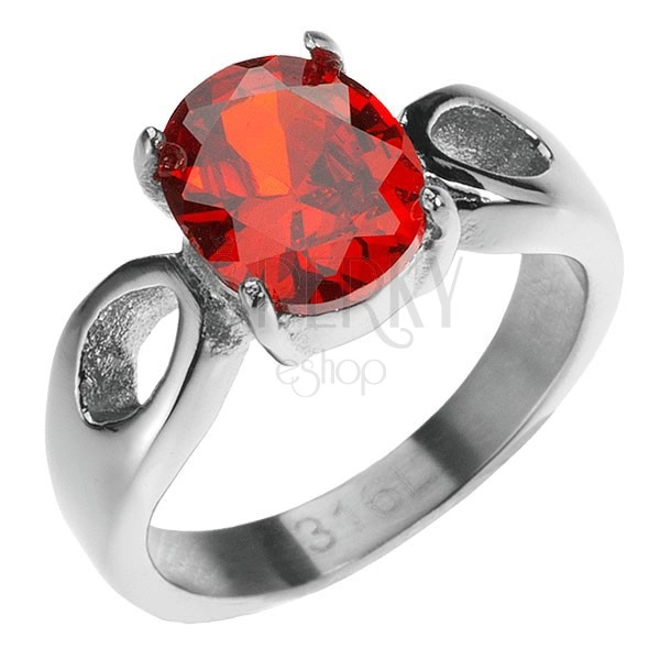 316L acél gyűrű - kiemelkedő piros kő, könnycseppek