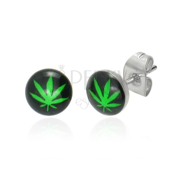 Acél fülbevaló zöld marihuána levél képével, stekkerek