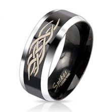 Minőségi acél gyűrű - fekete sáv ornamentumokkal