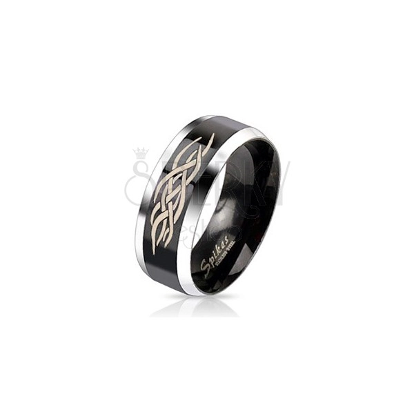Minőségi acél gyűrű - fekete sáv ornamentumokkal