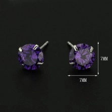 Ezüst fülbevaló - kerek lila cirkónia, 7 mm