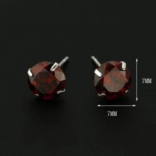 925-ös ezüst fülbevaló - kerek piros cirkónia, 7 mm