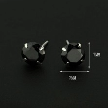 Sterling ezüst fülbevaló - kerek fekete cirkónia, 7 mm