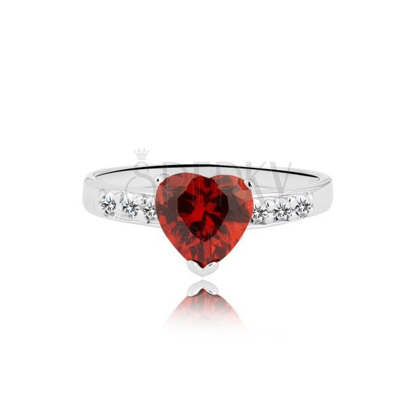 Gyűrű 925 ezüstből - piros cirkónia szív és köves vonal