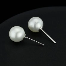 Ezüst fülbevaló - fehér színű gyöngyök, 8 mm