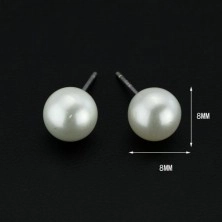 Ezüst fülbevaló - fehér színű gyöngyök, 8 mm