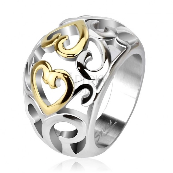 Csipkemintás gyűrű acélból, ezüst és arany