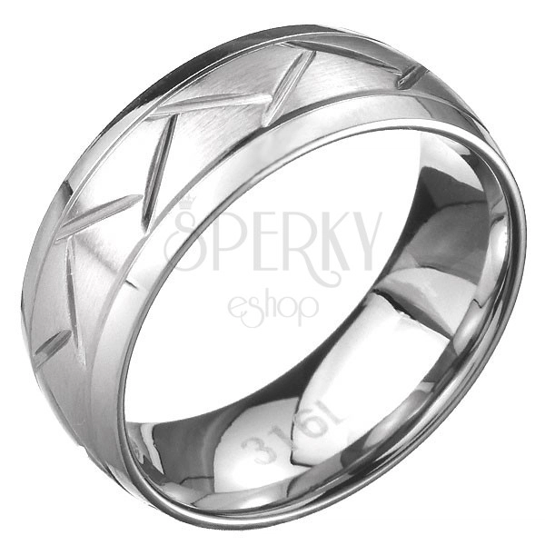 Nemesacél gyűrű - cikk cakk minta a középső sávban, ezüst színben