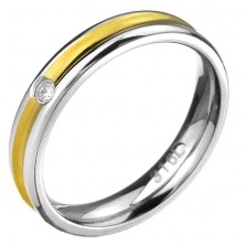 Gyűrű acélból - arany színű bemélyedéssel, átlátszó cirkóniával