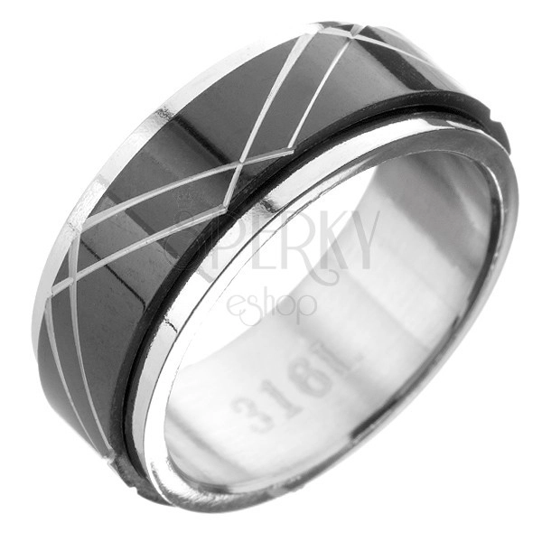 Acél gyűrű - fekete és ezüst, forgatható sáv, kettős minta